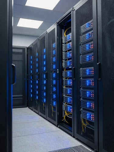 Wide shot of a server room corridor, rows of rack-mounted servers with blinking status LEDs and structured cabling, cool blue ambient lighting from equipment panels, no people, shot from a low angle looking down the aisle
