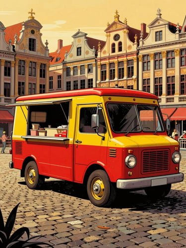 Vibrant Belgian comic book illustration of a vintage red and yellow food truck parked on a cobblestone Brussels square, warm cell shading, bold ink outlines, retro texture.