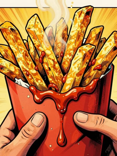 Vibrant Belgian comic book illustration, close-up of hands wrapping a giant, steaming gourmet mitraillette overflowing with golden fries and dripping sauce, bold retro ink outlines.