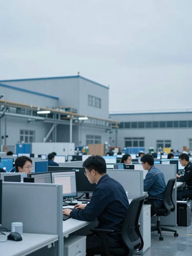 Modern industrial logistics office with technical coordinators working on screens, cool overcast daylight, steel blue tones, sharp focus
