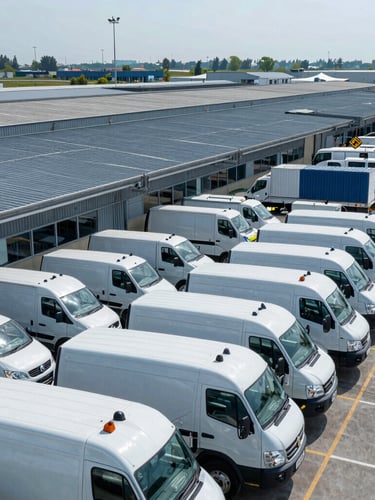 Wide environmental shot of a modern logistics terminal in Serbia, cool-toned industrial daylight, clean fleet vehicles lined up, sharp focus