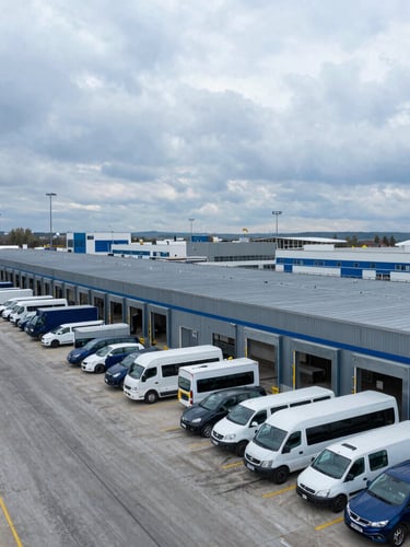 Modern logistics terminal in Belgrade, cool overcast daylight, organized fleet vehicles and structured steel warehouse loading docks, sharp focus