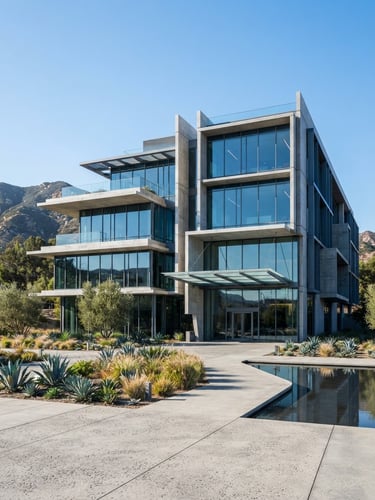 Crisp architectural photography of a modern concrete and glass corporate headquarters in Southern California, bright natural daylight, cool blue shadows, sharp focus, 35mm lens