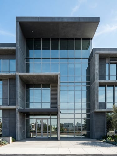 Crisp architectural photography of a modern concrete and glass commercial building facade in bright natural Southern California daylight, sharp focus, slate gray tones, 35mm lens.