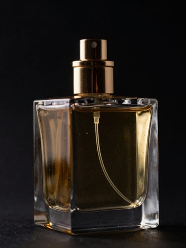 Dramatic low-key product photography of a heavy glass perfume bottle reflecting sharp golden studio light against a dark obsidian background, macro depth of field