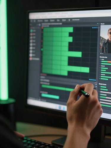 Moody close-up of a creator reviewing video analytics on a high-end monitor in a dark studio setting, neon green accent light reflecting on the screen.