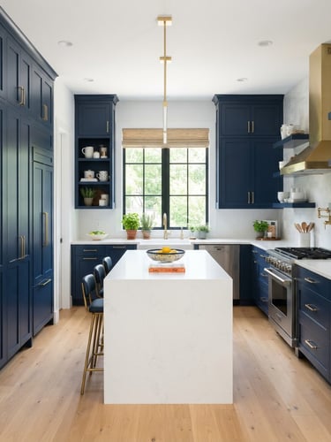 Straight-on architectural photography of a newly remodeled modern kitchen, bright natural window light, crisp navy cabinets, white quartz countertops, gold hardware details, 35mm lens