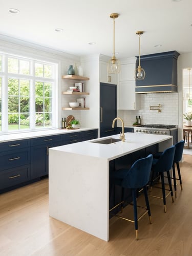 Bright architectural photo of a newly remodeled modern kitchen, natural window light, clean white countertops and navy blue cabinetry, sharp focus, 35mm lens