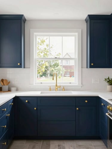 Straight-on architectural photography of a bright modern kitchen renovation with custom navy cabinets and gold hardware, natural light streaming through a large window, 35mm lens