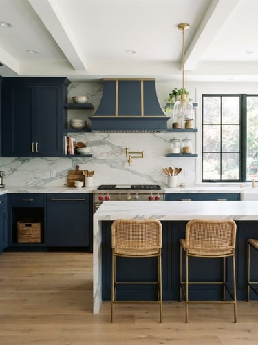 Straight-on architectural photography of a newly remodeled, high-end kitchen with natural light streaming through windows, crisp navy cabinets, gold hardware, white marble countertops, sharp focus.