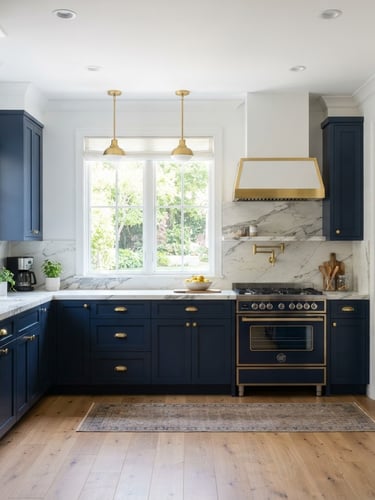 Straight-on architectural photography of a newly remodeled modern kitchen, bright natural window light, deep navy cabinets, gold hardware, marble countertops, crisp white walls, sharp focus.