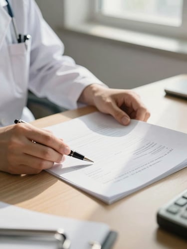 Close environmental shot from the left edge, a doctor's hands resting on a desk beside a referral letter and a pen, warm north-facing window light falling across the paperwork, medical instruments partially visible at the frame edge, no faces shown