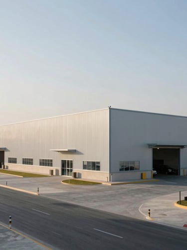 Wide, structured environmental shot of a modern, clean logistics facility in Dubai, soft natural daylight.