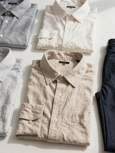 High-angle editorial flat-lay of curated neutral linen shirts and trousers, bright natural daylight, soft shadows