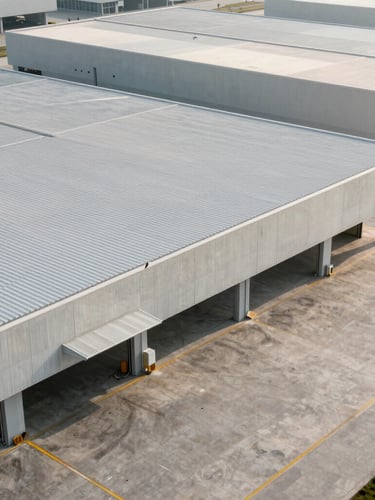 A high-angle architectural shot of a modern logistics terminal, clean concrete lines, soft morning daylight, minimalist aesthetic.