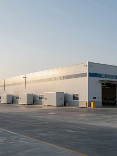 Clean architectural shot of a modern, organized logistics facility in Dubai, soft morning light casting gentle shadows, spacious composition.