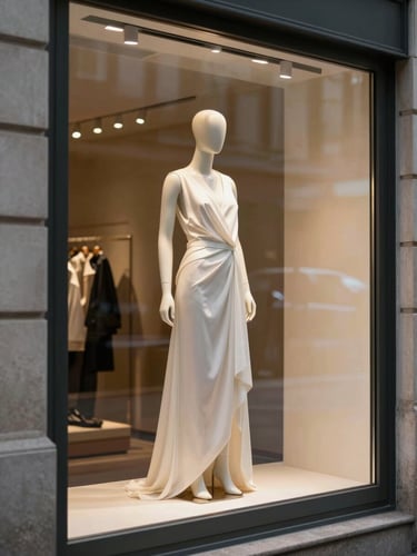 Close-up of a luxury fashion window display from street level, morning north-facing daylight illuminating a draped mannequin on a lacquered riser, crisp sight lines through plate glass, no people, architectural precision evident in spacing and material