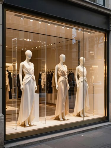 Wide golden-hour street-level view of a luxury fashion flagship window installation, mannequins in haute couture arranged on sculpted white podiums, warm light raking across polished acrylic and brushed metal armatures, storefront glass reflecting the avenue, no pedestrians, precise and still