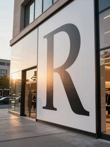 Wide shot of a luxury retail interior mid-installation, large-format vinyl graphics being applied to a curved wall surface, golden-hour light entering through storefront glass, no people visible, architectural scale evident