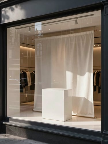 Wide interior view of a completed luxury window display installation, morning north-facing storefront daylight casting clean shadows across a white lacquered podium with tensioned fabric panels, empty retail space behind showing structural precision, shot from street-level looking inward through plate glass