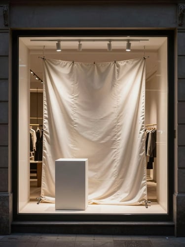 Wide portrait view of a luxury retail window installation at night, precise fabricated podium display with silk fabric tension and polished metal joints catching storefront light, architectural framing from street level, deep shadows, no people