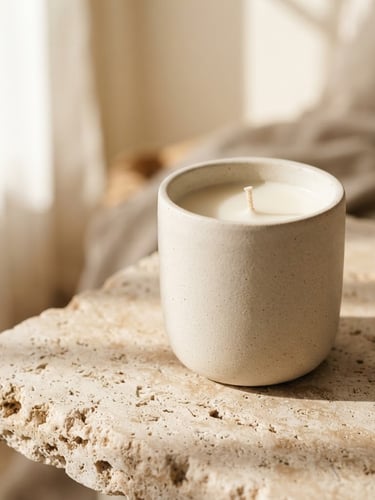 Close-up of a single soy candle in a minimalist matte ceramic vessel on a raw travertine stone table, soft morning window shadows, warm sand tones