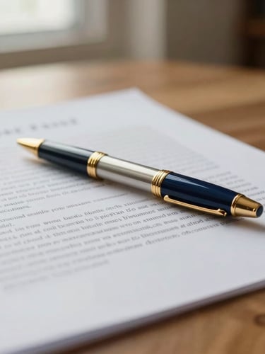 Close-up of elegant gold pen resting on detailed legal document, soft natural light, warm wooden desk, shallow depth of field, 35mm