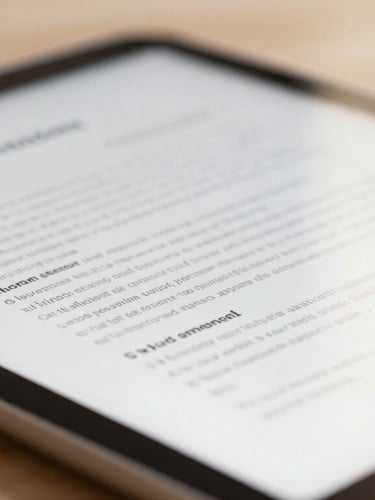 Close-up of legal documents on a modern tablet, warm editorial photography, soft diffused window light, deep navy and gold accents