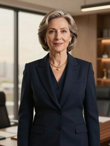 Professional editorial portrait of a senior female lawyer in a navy blazer, warm window lighting, sophisticated modern office background, 35mm