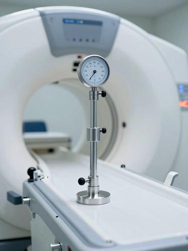 Precise technical measurement tool placed next to a modern mammography machine, clean laboratory lighting, sharp focus, 35mm.