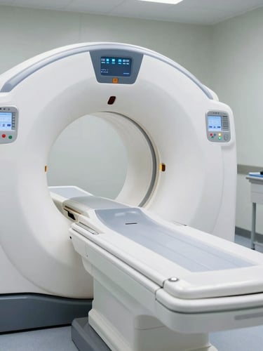 Crisp clinical photography, modern CT scanner interface in a clean, empty diagnostic room, cool metallic tones, sharp focus.