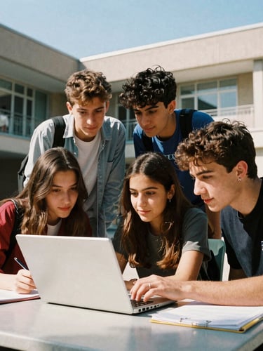 Dynamic low-angle shot of Turkish university students collaborating over a laptop in a modern, sunlit campus courtyard, vibrant energy, 35mm film aesthetic