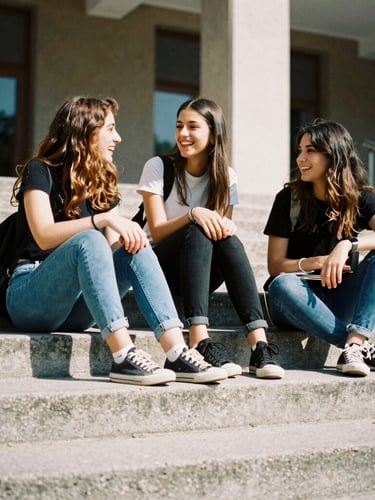 Low-angle candid photo of three Turkish university students laughing on a concrete campus step, bright natural daylight, 35mm film aesthetic, rich saturated tones.