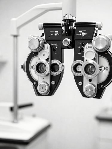 Crisp portrait shot of clean optometry equipment in a bright clinic, high contrast black and white with subtle orange accents, sharp focus, 35mm.