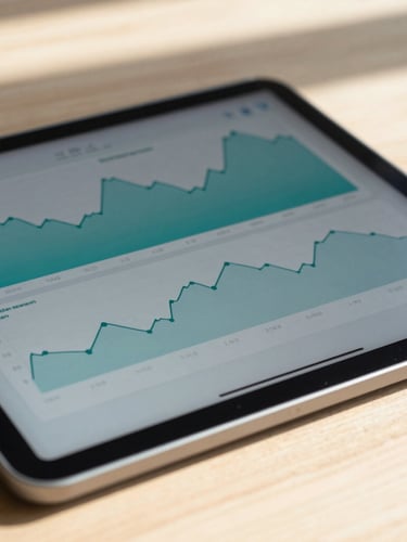 Tight macro shot of a modern tablet displaying clean financial charts on a minimalist wooden desk, bright natural daylight, shallow depth of field