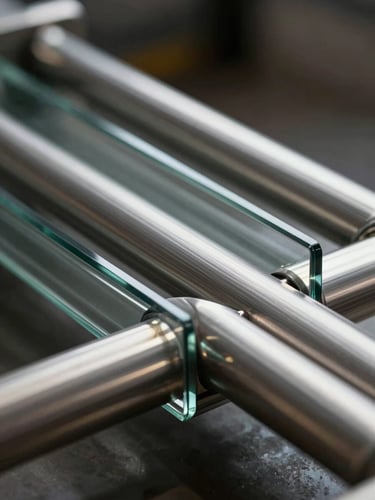 Macro shot of a structural glass tension rod system, perfectly leveled, dramatic lighting highlighting the brushed steel finish and glass edge.