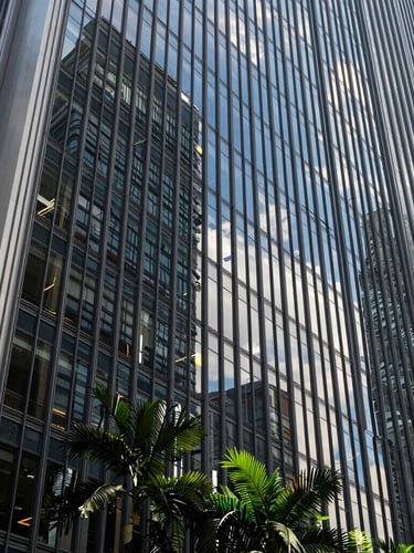 Perspective-corrected wide architectural elevation of a monolithic glass skyscraper facade in Singapore, reflecting tropical greenery, harsh dramatic sunlight, sharp structural shadows.