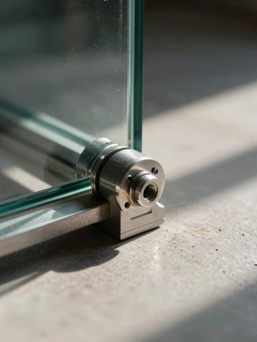 Extreme close-up of a structural steel spider fitting holding a double-glazed glass panel, sharp architectural shadows, harsh sunlight.