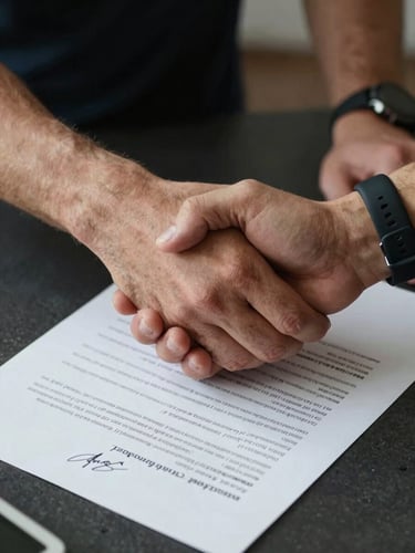 Extreme close-up from above: two hands mid-handshake over a signed contract on a dark desk, one hand wearing a sports watch, fitness equipment catalog visible at the edge of frame, overcast studio lighting, documentary framing, no smiles visible