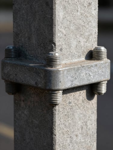 Extreme close-up of a structural steel joint with heavy industrial bolts, raw textured concrete pillar in the background, high contrast lighting