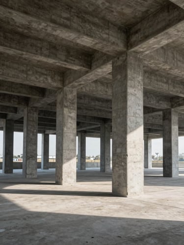 Wide-angle architectural shot of massive raw concrete foundations and structural steel columns of an industrial facility under hard daylight, casting strong geometric shadows.