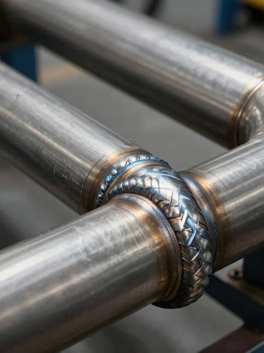 Close-up of industrial stainless steel piping runs with clean welds, high-contrast indoor lighting, architectural precision.