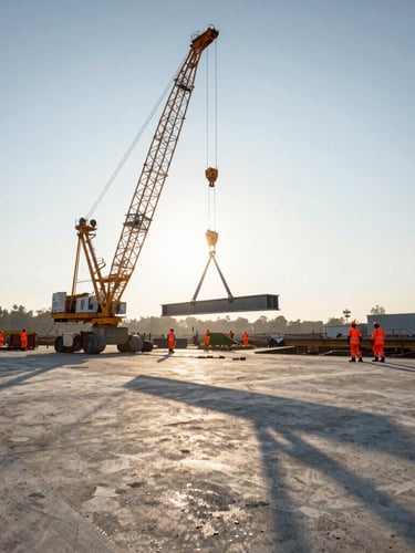 Wide environmental shot of an active infrastructure site at early morning sunrise, a massive crane lifting a steel beam in the center, long dramatic shadows on raw concrete, workers in pristine orange safety gear visible in the distance.