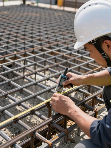 Close-up of a massive steel reinforcement grid for concrete foundation, an engineer in a white hardhat and safety vest measuring tolerances with a digital tool under bright sunlight.