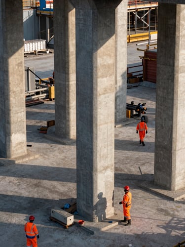 A high-angle dramatic shot of active civil infrastructure site, massive structural concrete columns rising, early morning sunlight casting long geometric shadows, workers in orange PPE safety gear.