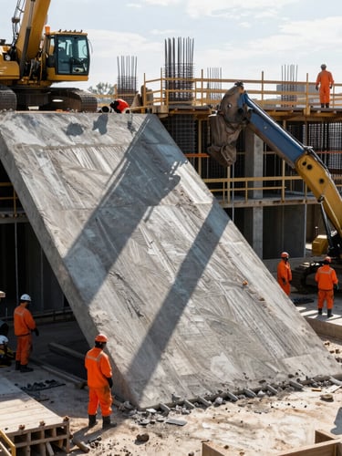 High-contrast dramatic morning shot of a massive concrete pour on an industrial construction site, heavy machinery and steel reinforcement structures visible, workers in full orange PPE, crisp shadows.