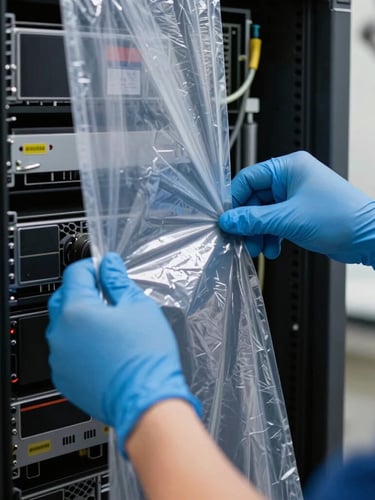 Medium close-up of a technician's hands in blue protective gloves wrapping a server rack with anti-static wrap, precise movements, bright daylight, technical focus.