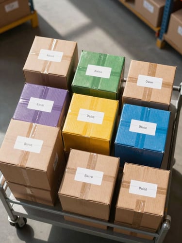 A top-down structured shot of neatly labeled and color-coded inventory boxes, organized on a clean steel cart inside a bright warehouse, daylight casting sharp shadows.