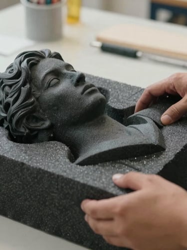 Medium close-up of a packing specialist wrapping a high-value sculpture in protective custom-fit foam, clean hands, bright daylight, organized workspace.