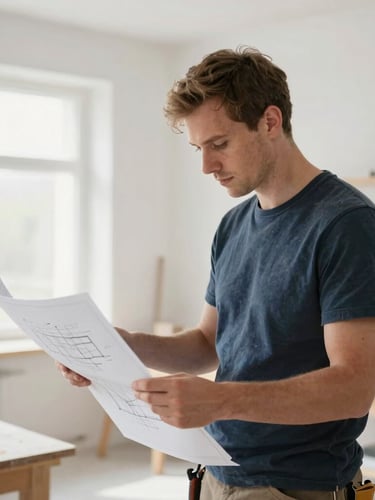 A professional Danish carpenter in a clean workshop, examining a technical architectural drawing under soft natural daylight, premium look